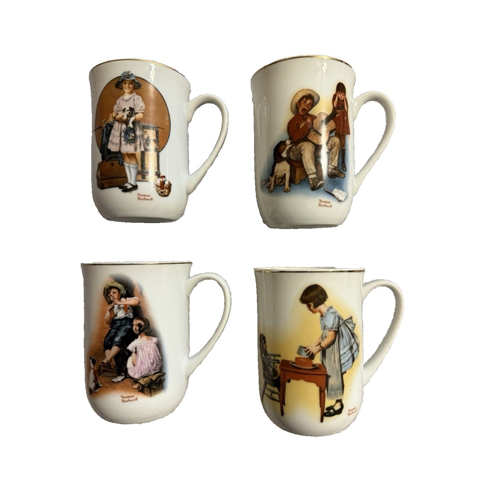 Vintage 1981 Norman Rockwell Set of 4 Cups With Gold Rims Collection Art Country